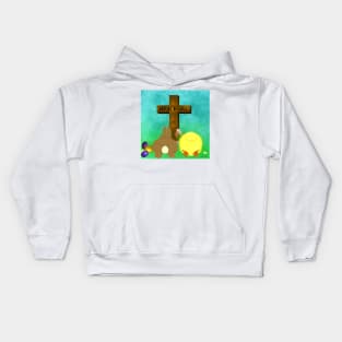 He Is Risen! The Easter Bunny and Chick Bow to Cross Kids Hoodie